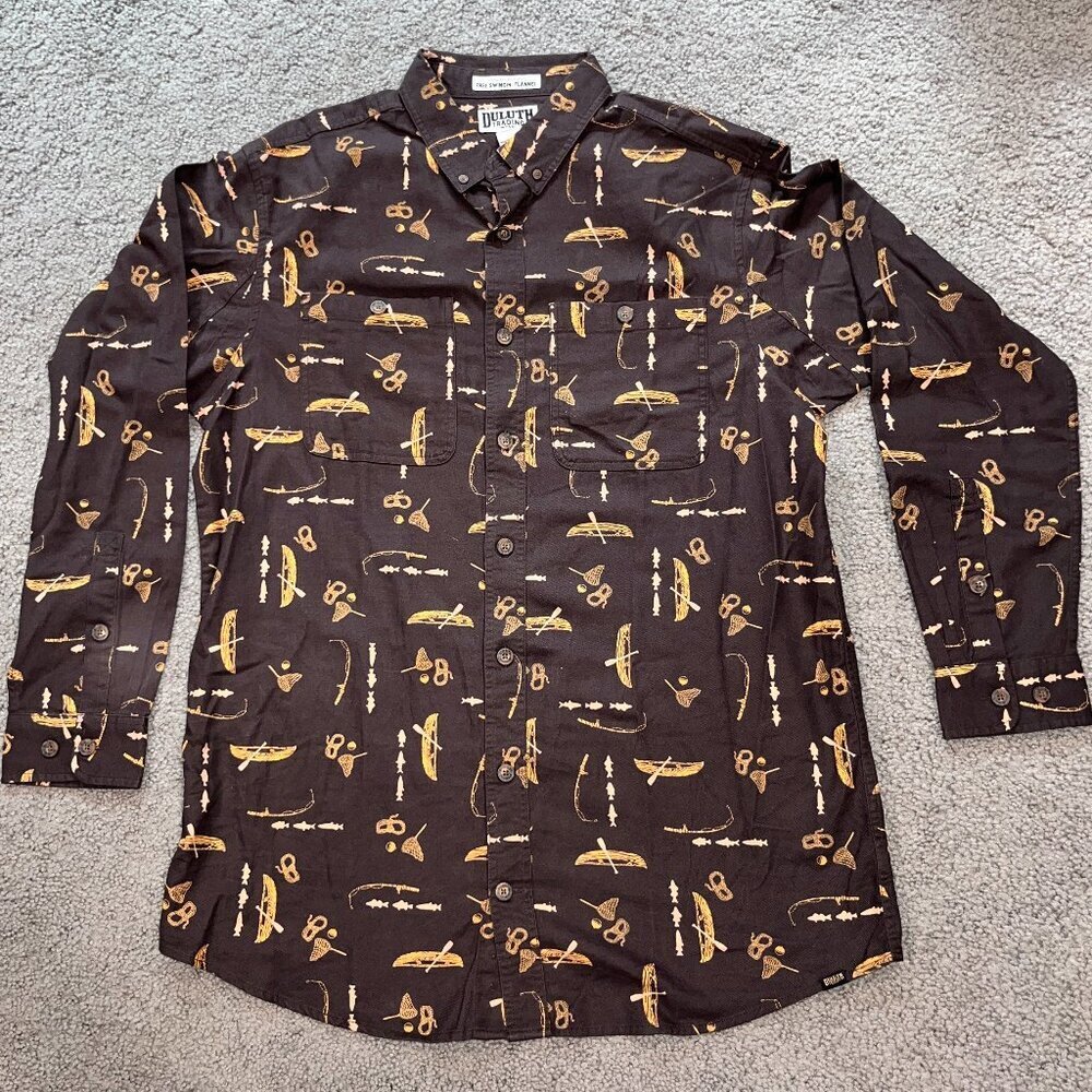 Duluth Trading Men's L Tall Brown Graphic Free Swingin' Flannel Shirt - EUC
